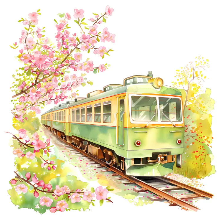 Green Train with Cherry Blossoms