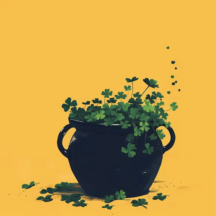 Black Pot with Clover Plant on Yellow Background