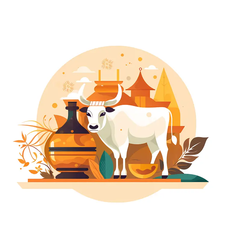 Cow with Temple and Traditional Decorations