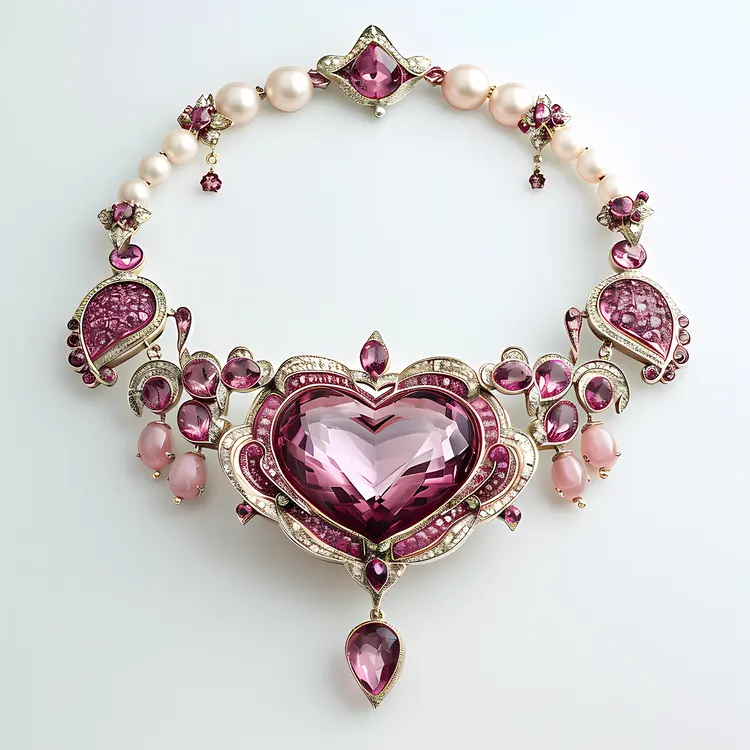 Ornate Gold Necklace with Large Pink Heart-shaped Gem