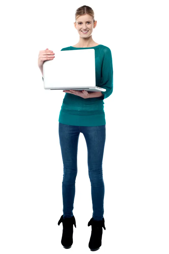 Smiling Woman Holding Laptop