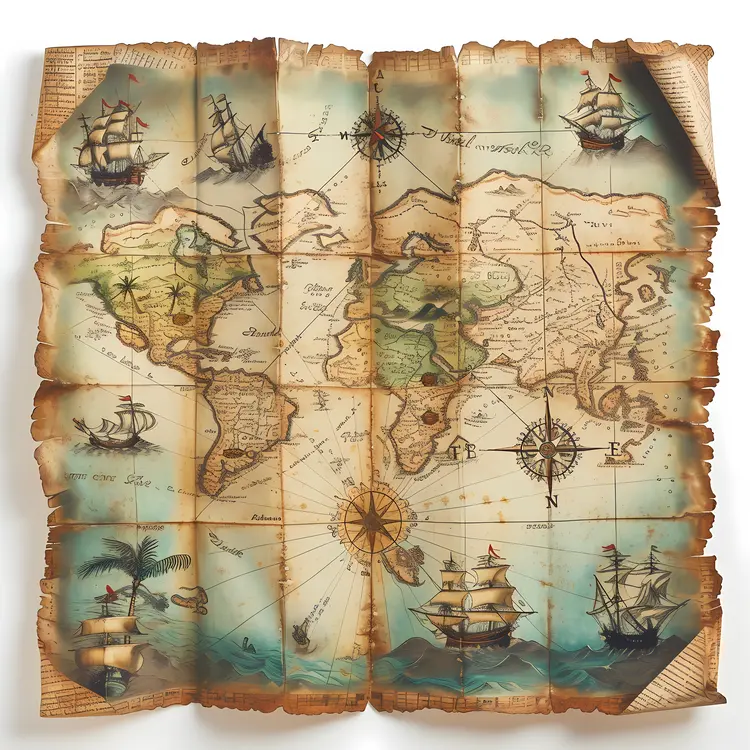 Vintage World Map with Ships and Continents