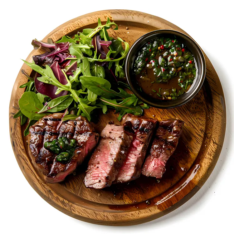 Sliced Grilled Steak with Fresh Greens on Wooden Plate