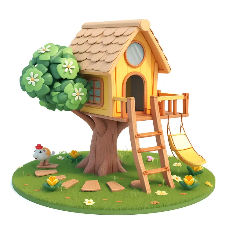 Treehouse with Swing and Flowers