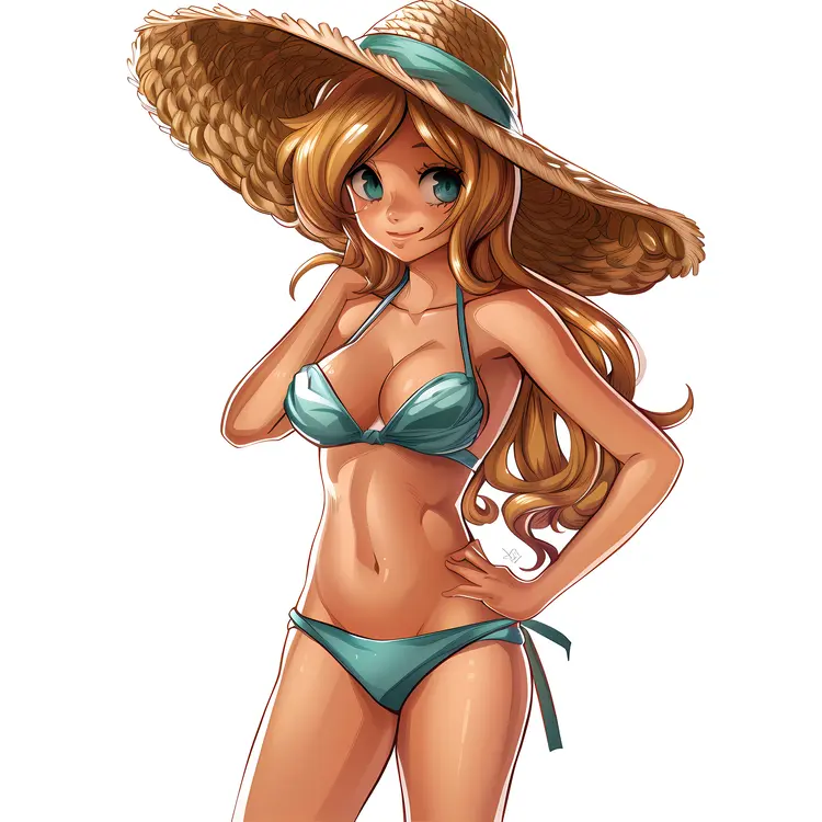 Cartoon Girl in Bikini with Hat