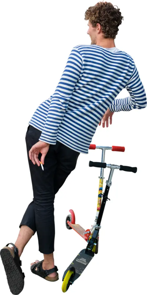 Man in Striped Shirt with Scooter