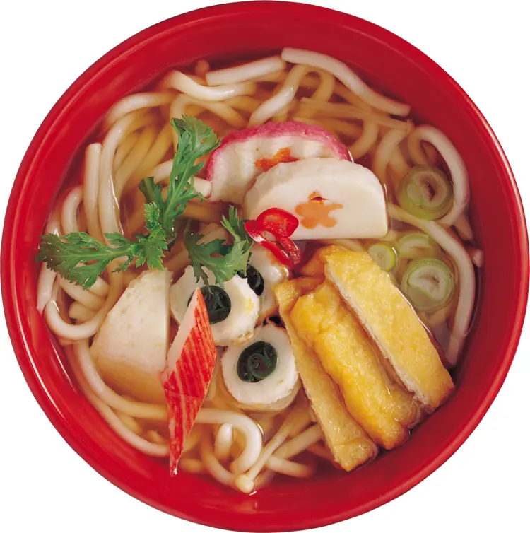 Noodle Soup with Various Ingredients in a Red Bowl