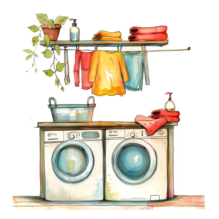 Laundry Setup with Washing Machines and Clothes