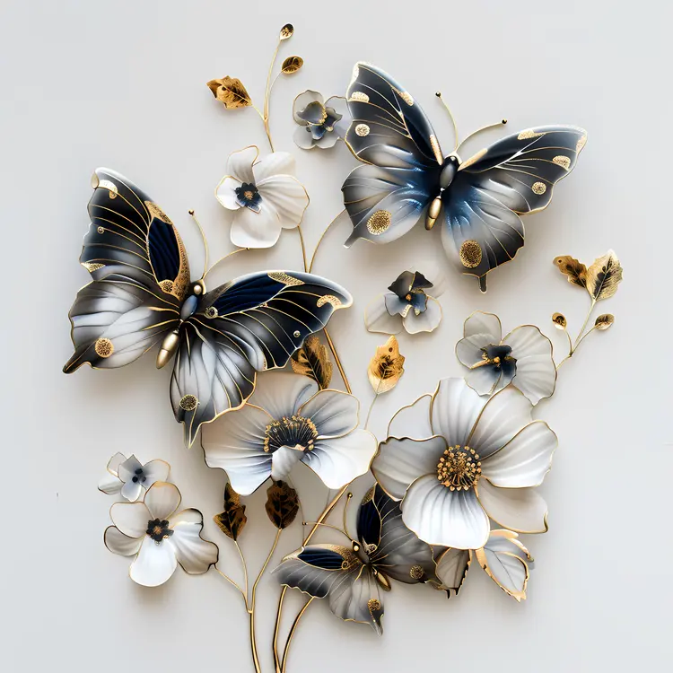 Elegant Black and Gold Butterflies with Flowers