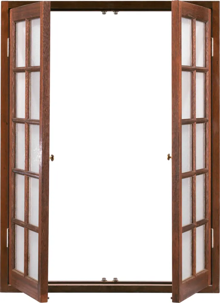 Brown Window Frame with Glass Panels