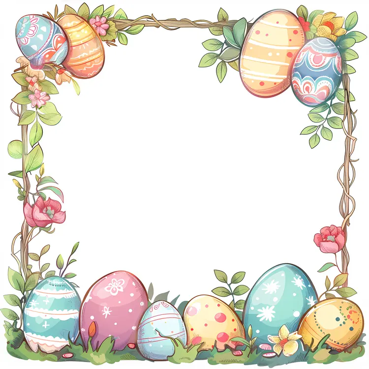 Colorful Easter Eggs with Floral and Leafy Frame