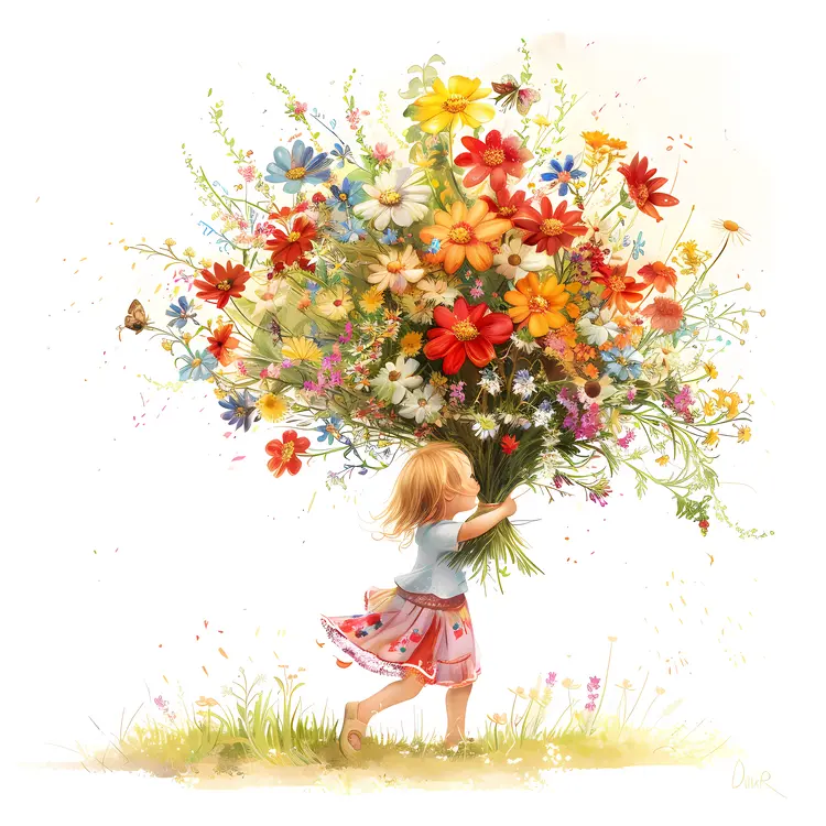 Girl Holding a Large Bouquet of Colorful Daisies