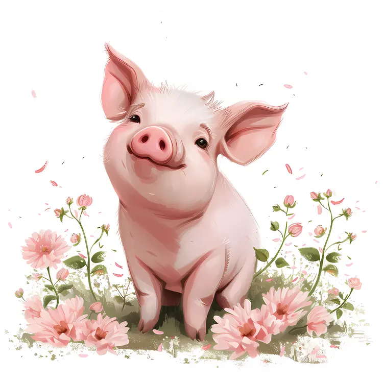 Adorable Cute Pig with Flowers