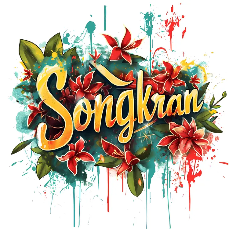 Songkran Text with Colorful Flowers