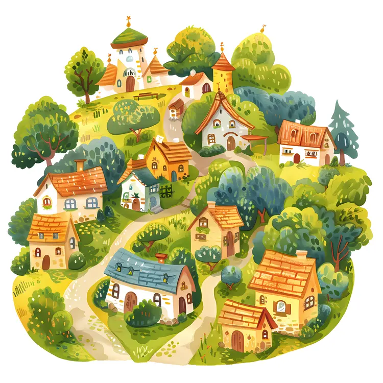 Colorful Doodle Houses on Hill