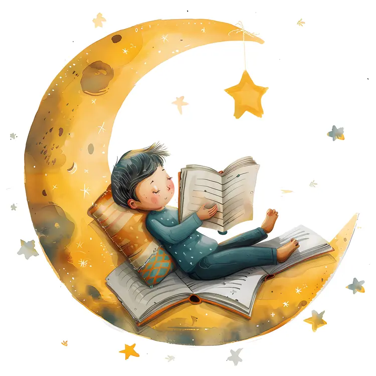 Child Reading on a Crescent Moon