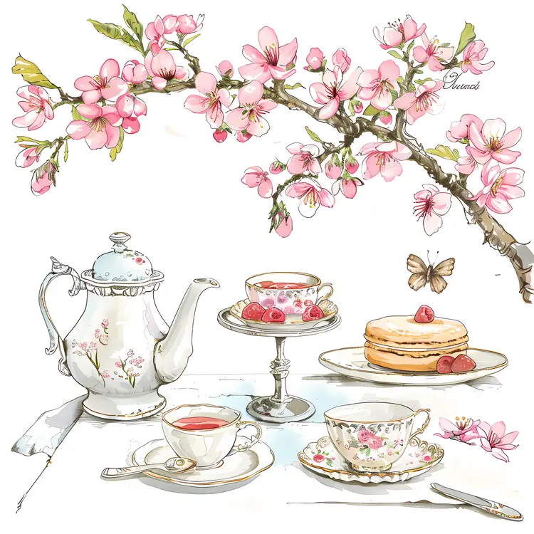 Tea Set with Cake and Blossoms