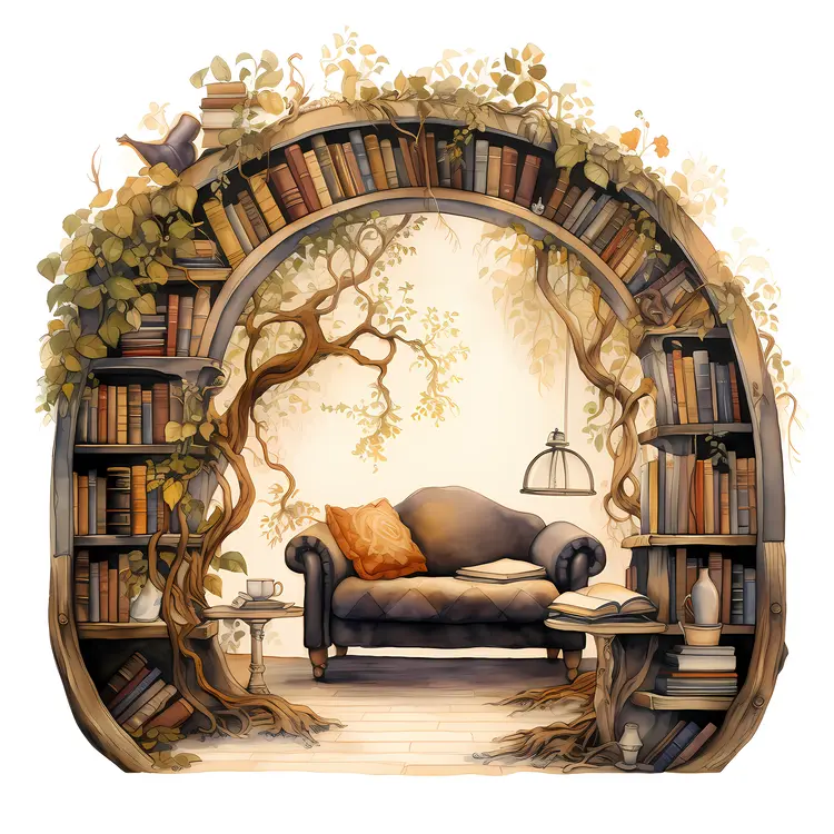 Cozy Reading Nook with Sofa and Bookshelf