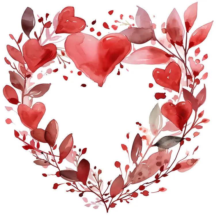 Red Hearts and Leaves in Heart Shape Frame