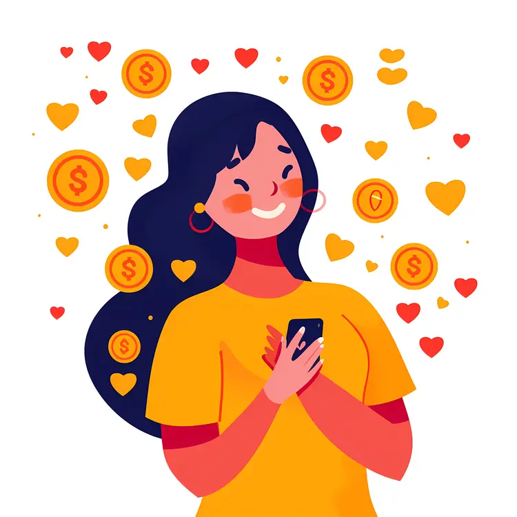 Happy Woman with Phone and Hearts