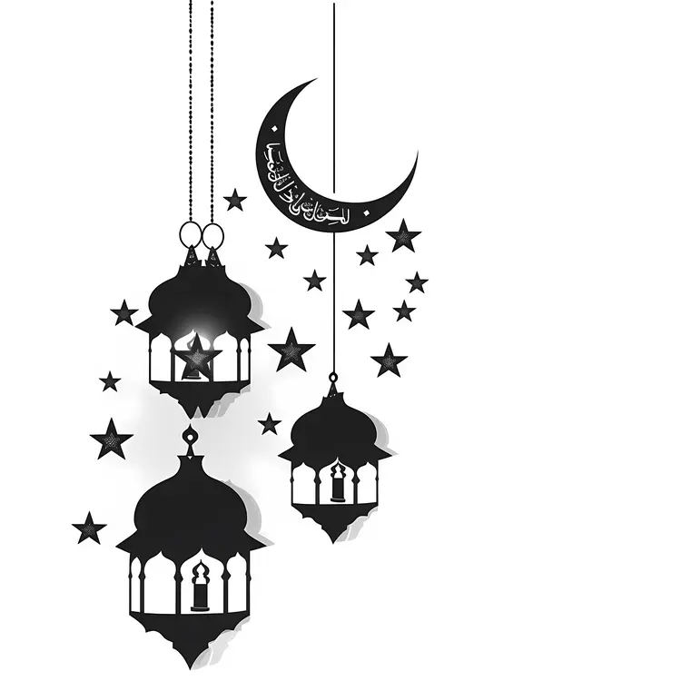 Hanging Lanterns and Crescent Moon with Stars