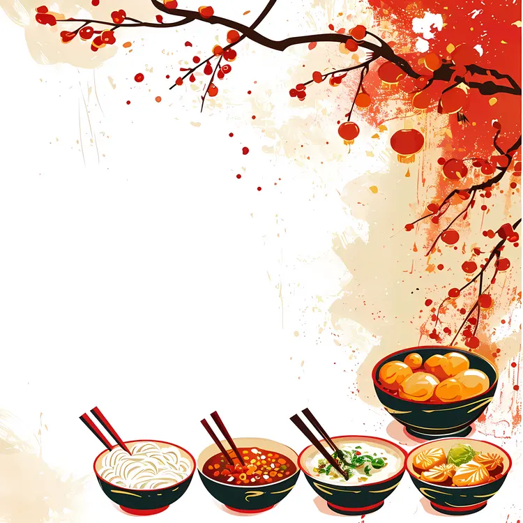 Chinese bowls with traditional dishes for Chinese New Year
