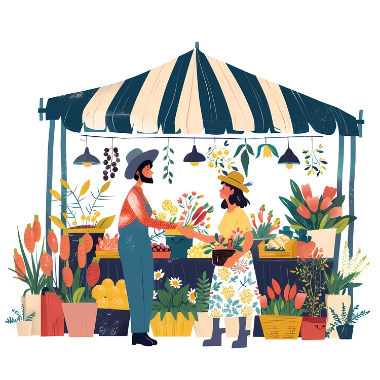 Flower Stall with Vendors and Colorful Flowers