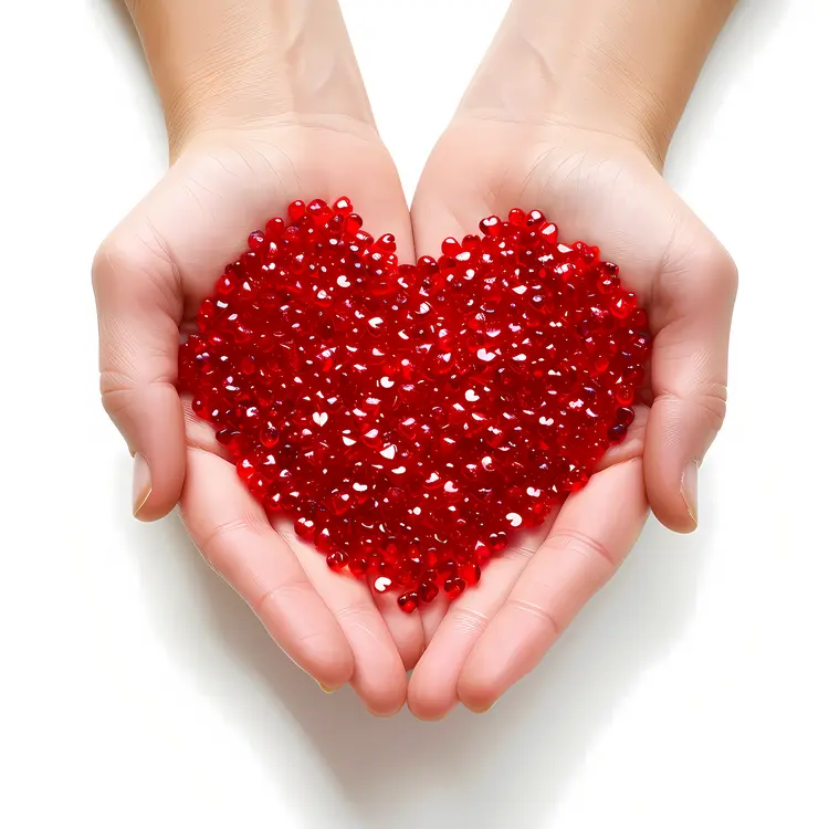 Hands Holding Red Heart-Shaped Beads