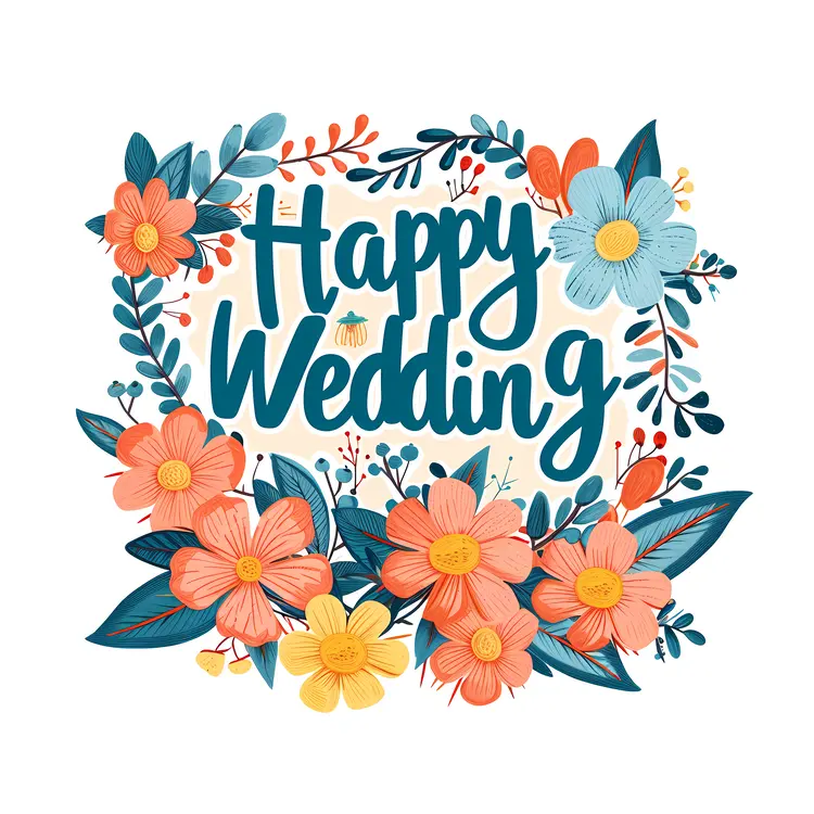 Happy Wedding Text with Colorful Floral Design