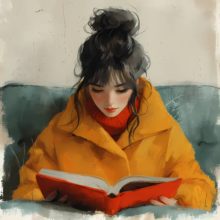 Girl in Yellow Coat Reading a Book