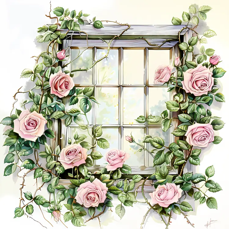 Window Frame with Light Pink Roses