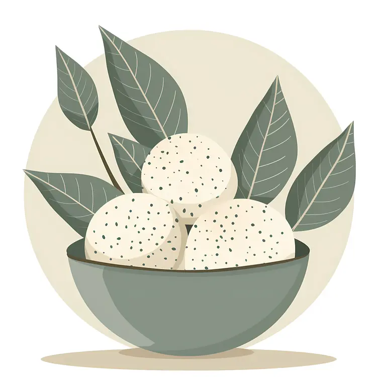 Speckled White Balls in a Bowl with Leaves