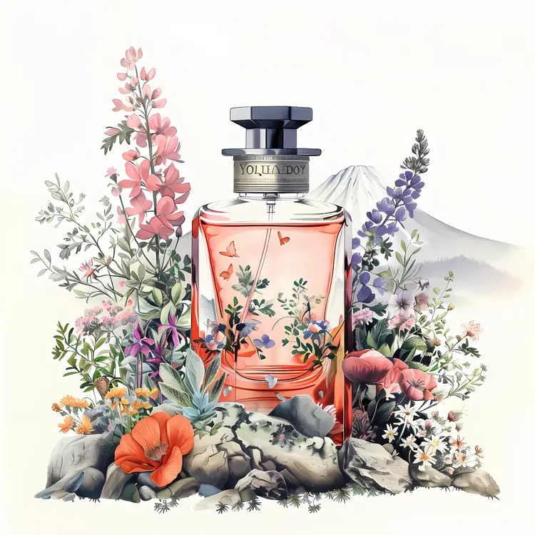 Perfume Bottle with Wildflowers and Scenic Background
