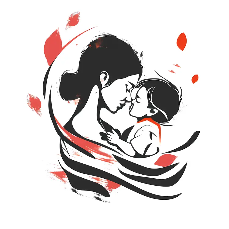 Artistic Mother and Child Illustration with Red Accents