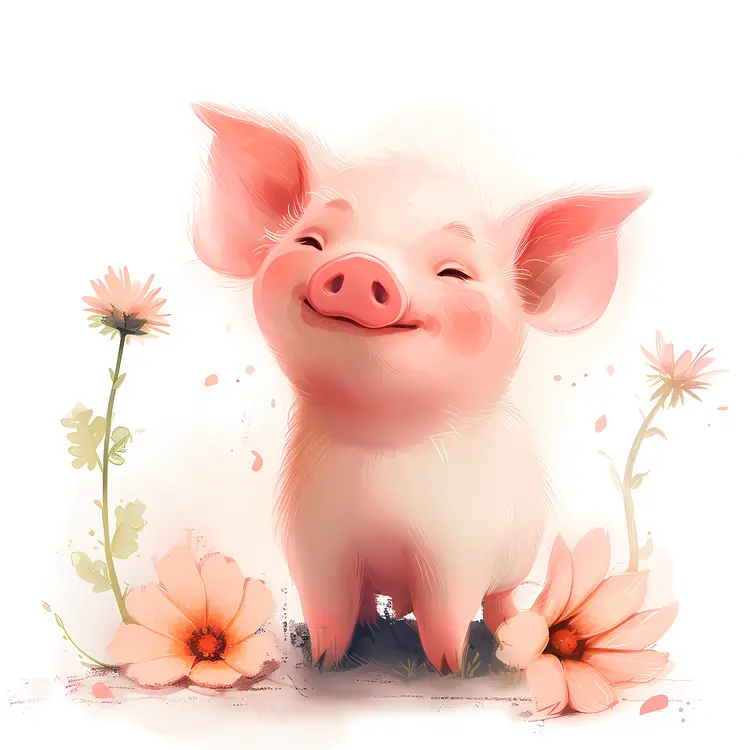Happy Piglet with Daisies