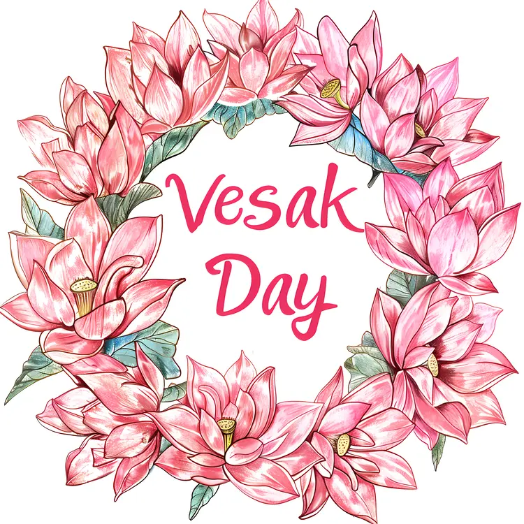 Pink Lotus Flowers in Watercolor Wreath for Vesak Day