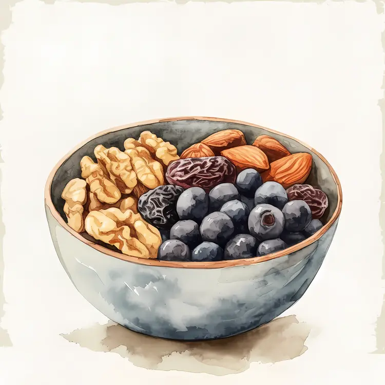 Watercolor of Mixed Nuts and Dried Fruits in a Bowl