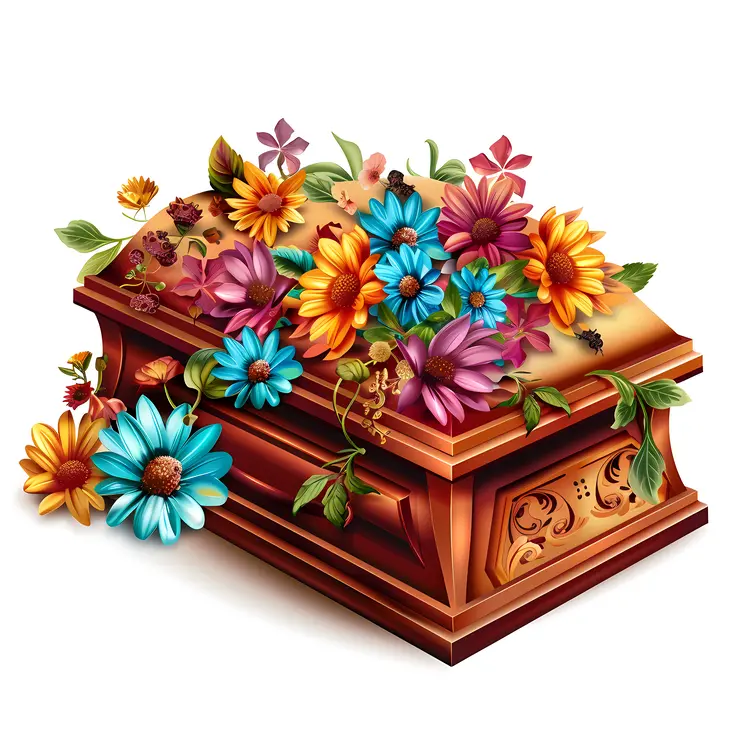 Wooden Coffin with Colorful Flowers