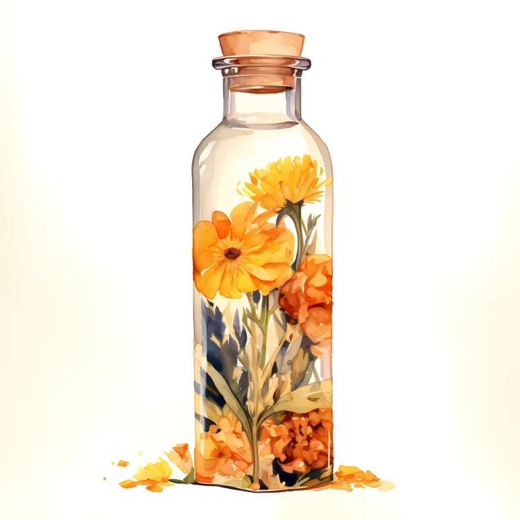Yellow Flowers in Glass Bottle
