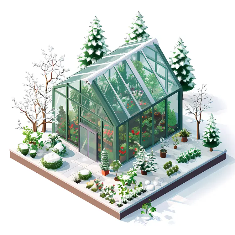 Snowy Greenhouse with Winter Plants