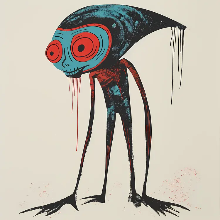 Spooky Blue and Red Cartoon Creature
