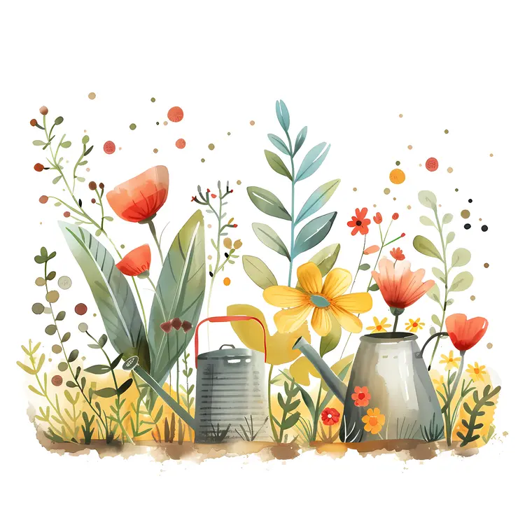 Watering Can and Flowers in a Lush Garden