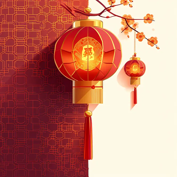 Illuminated Red Lantern with Cherry Blossoms