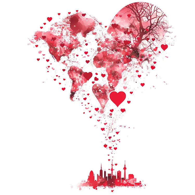Heart Shaped World Map with Cityscape