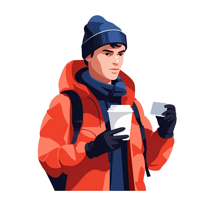 Person in Orange Jacket Holding Coffee Cup