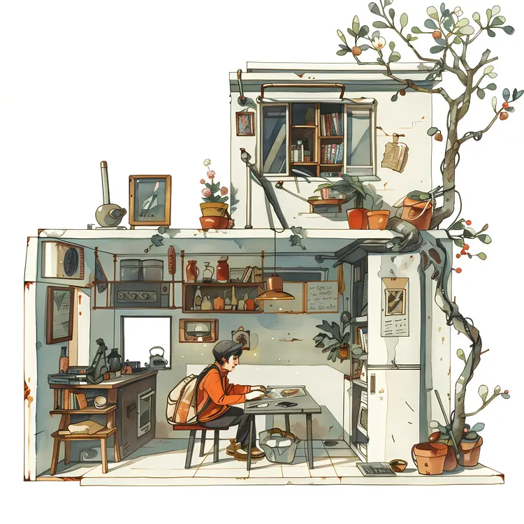 Small Cozy House with Kitchen and Plants
