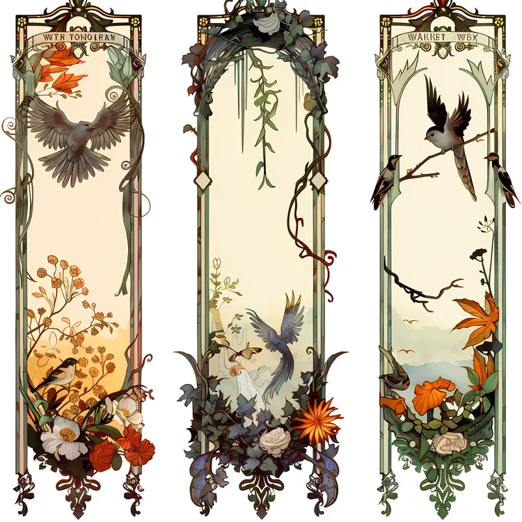 Decorative Banners with Birds and Floral Designs