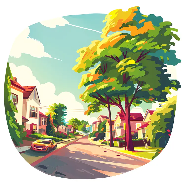 Sunny Residential Street with Houses and Trees