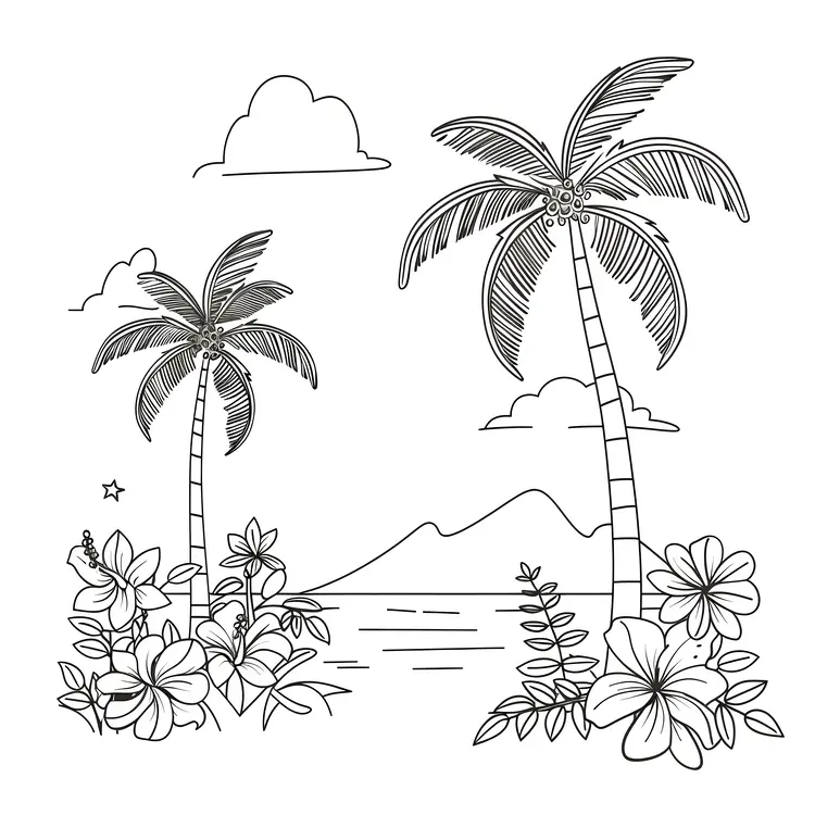 Beach Drawing with Palm Trees