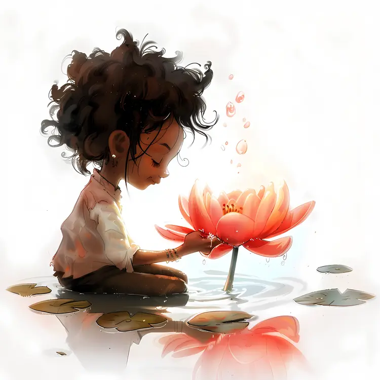 Girl Admiring a Flower in Water